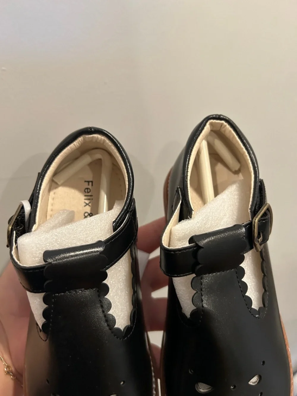 Girls Black T-Strap Floral Cutout Dress Shoes